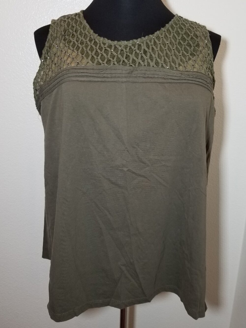 Lane Bryant Womens 26/28 Olive Green Tank Top Sheer Sequins Boho Peasant‎ Casual